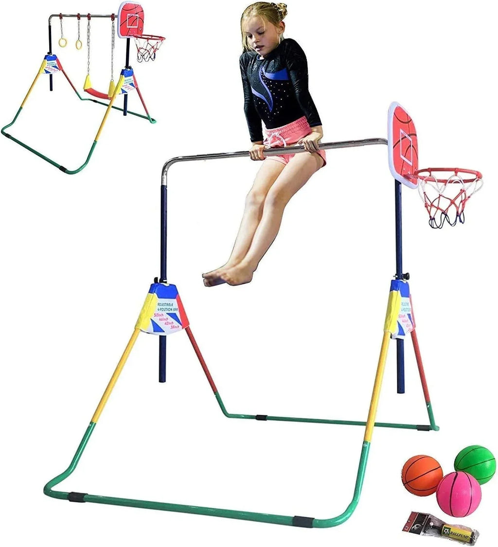 Bar Folding Junior Hoop Gym Bar for 4-in-1 Set Gymnastics Height-Adjustable Training with - Rings, Swing, Basketball Home