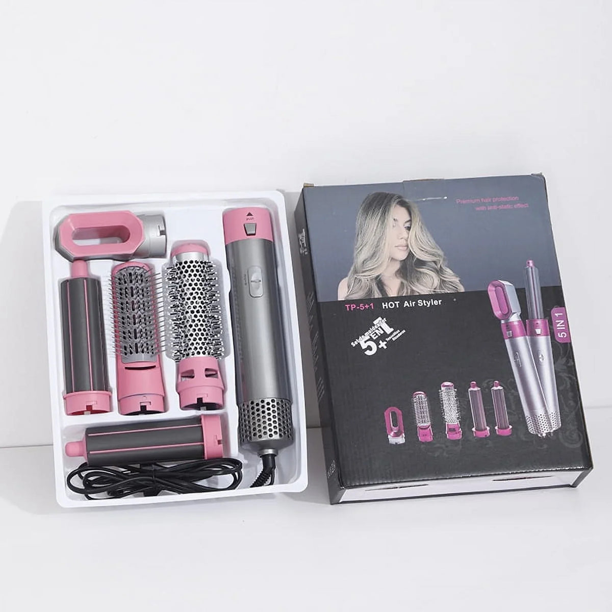 Negative Straightening Automatic Brush Heads Pink Electric Styling, Styler Dryer - Brush Curling Hair Dryer for Blow 5-in-1 Hair and with Detachable Ionic Brush - Color: