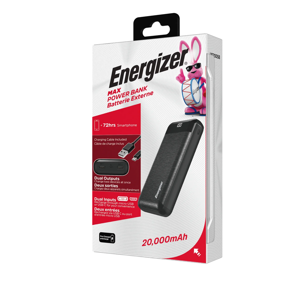 Energizer Black, Power 20,000 UE20058 Max mAh Bank,