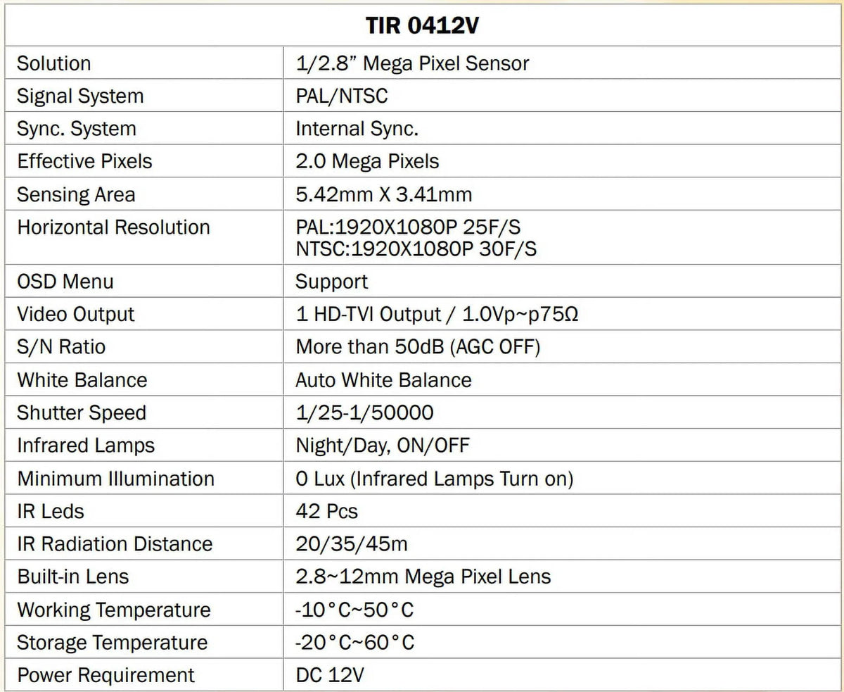 DC TIR-0412V-B 2MP Bullet Outdoor 42 LED Eyemax 12V HD-TVI IR 2.8-12mm, Camera,