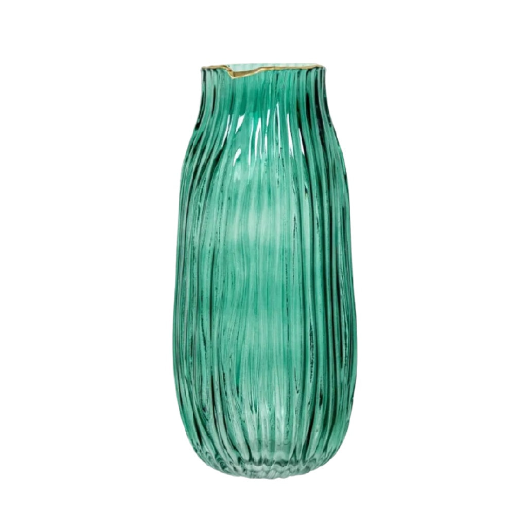 Elegant Green Textured Glass Vase with Gold Accents
