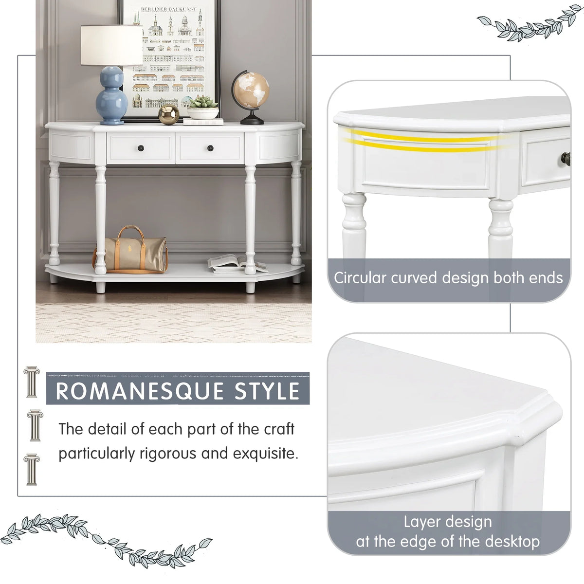 Two OLD Style with Table Legs Retro Solid (White, Frame and SKU: Drawers Console Curved Shelf Design Circular Wooden Top WF298768AAK) Open