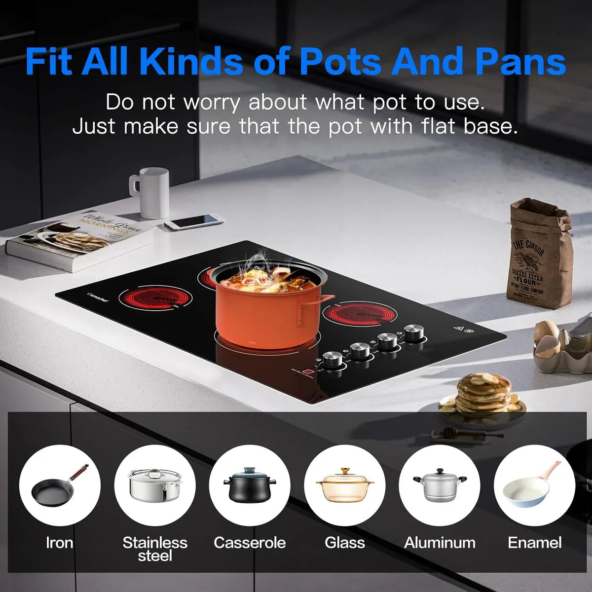4 240V Hot Burner Certified, with Inch AMZCHEF by Power with Indicator Electric Knob, Burners, Surface Built-in Electric ETL Stove 30 Cooktop Electric 7000W Control Safety