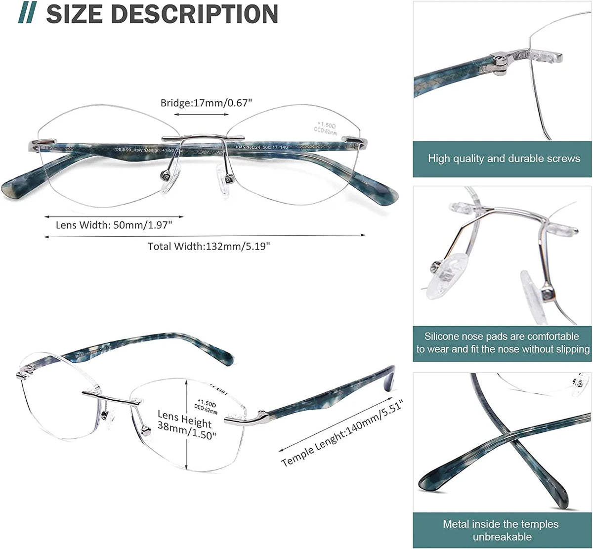 Glasses Reading Light Women Clear Blue Rimless Computer Designer Lens 2.5 UV400 Readers Ladies AQWANO Blocking Fashion Protect Frame,