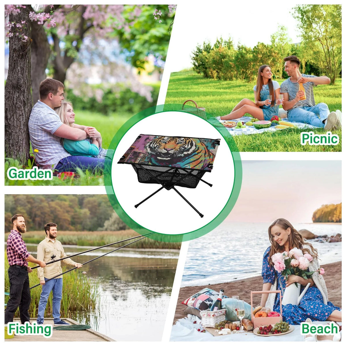 Compact Table Camping Hiking Portable Outdoor Beach Foldable Picnic Fishing Bag Tiger BBQ Table with Table for Storage Abstract