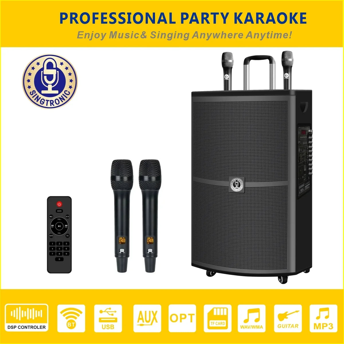 BT-1500DSP Mic. Singtronic UHF With Wireless Professional Karaoke Speaker 15" Rechargeable 2 DSP