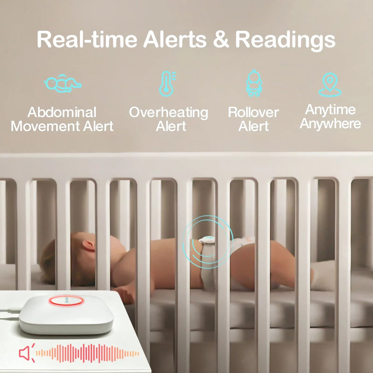 Smart Sense-U Movement and - Anytime, Movement, Green Monitor Sleeping Anywhere, - Smartphone and Baby's Station Temperature, on Abdominal Baby Rollover, Tracks Abdominal Base Position Humidity