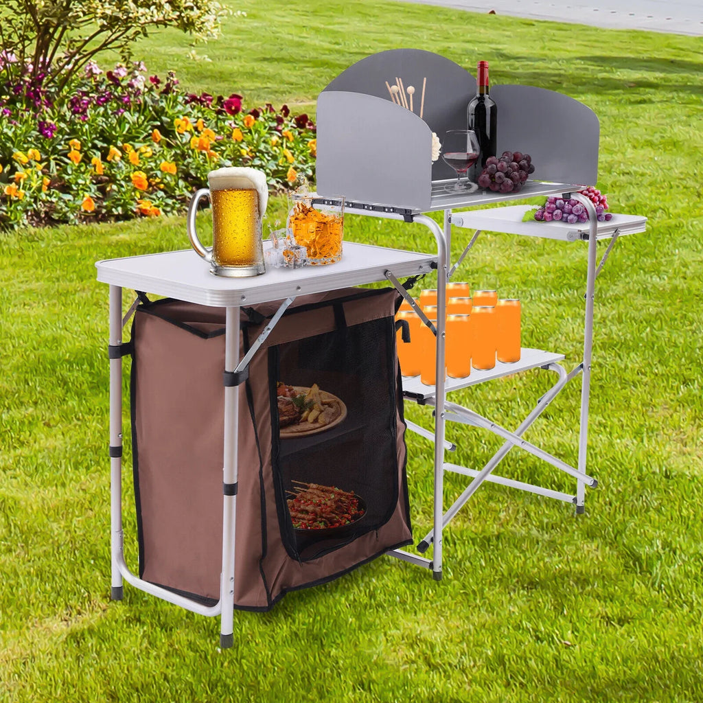 Portable Folding Table Brown Camping Barbecue Station Kitchen DENEST Cover Fabric Rack