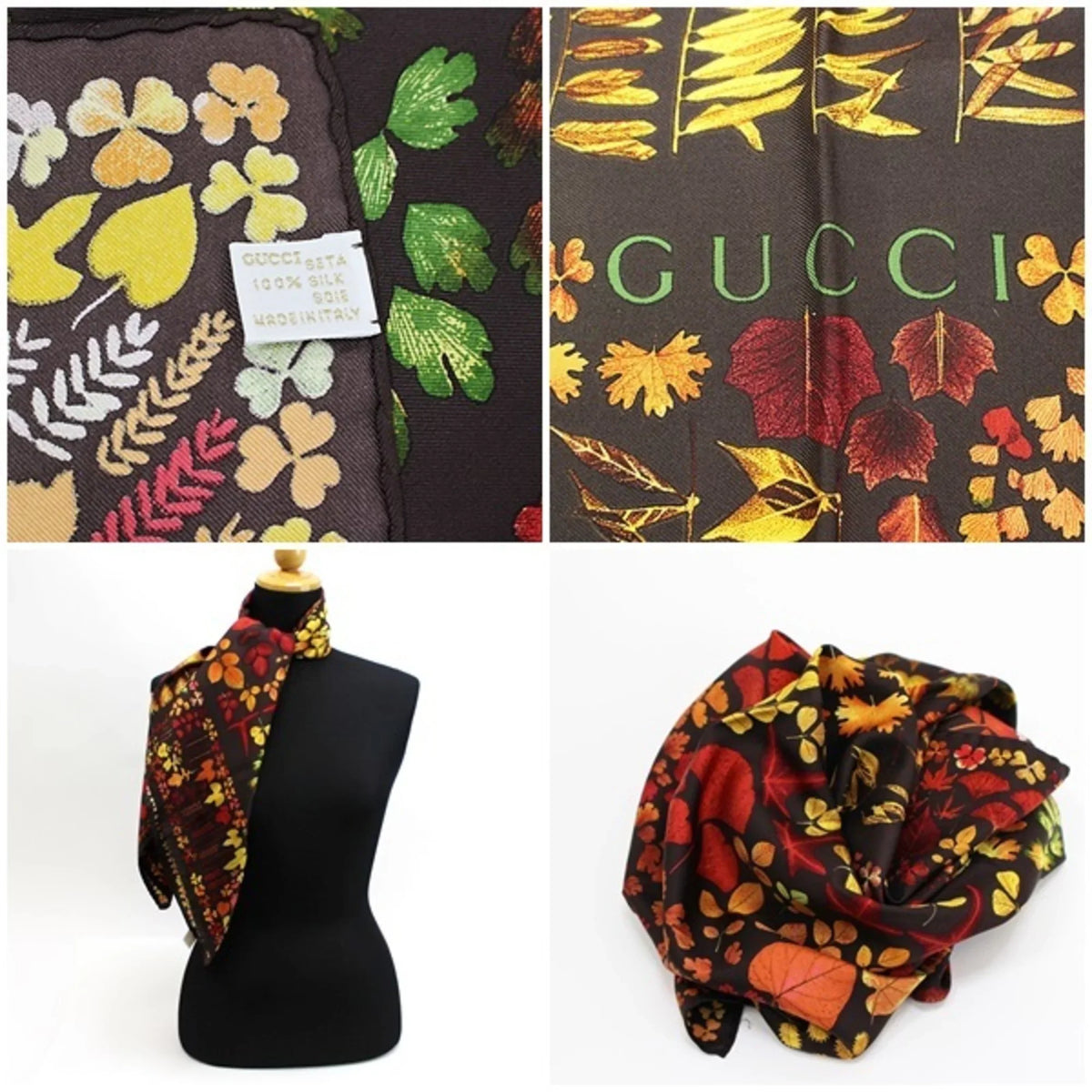 (Good) GUCCI Pattern Muffler Leaf Pre-Owned Ladies Stole Scarf | Autumn Silk Gucci Brown