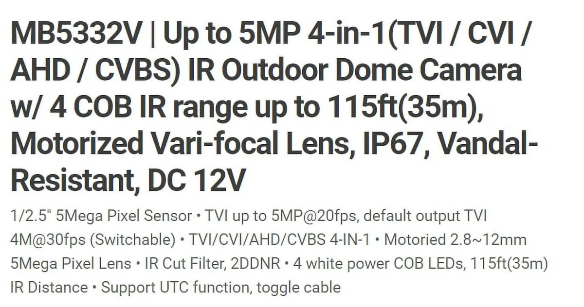 2.8-12mm Vandal COB TIV Eyemax MB5332V-W Camera 5MP Motorized, IR HD-TVI 12V LED DOME IR 4 DC