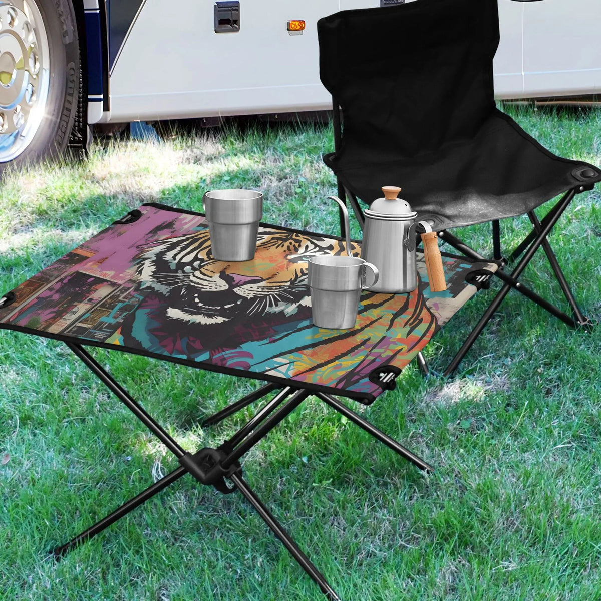 Compact Table Camping Hiking Portable Outdoor Beach Foldable Picnic Fishing Bag Tiger BBQ Table with Table for Storage Abstract