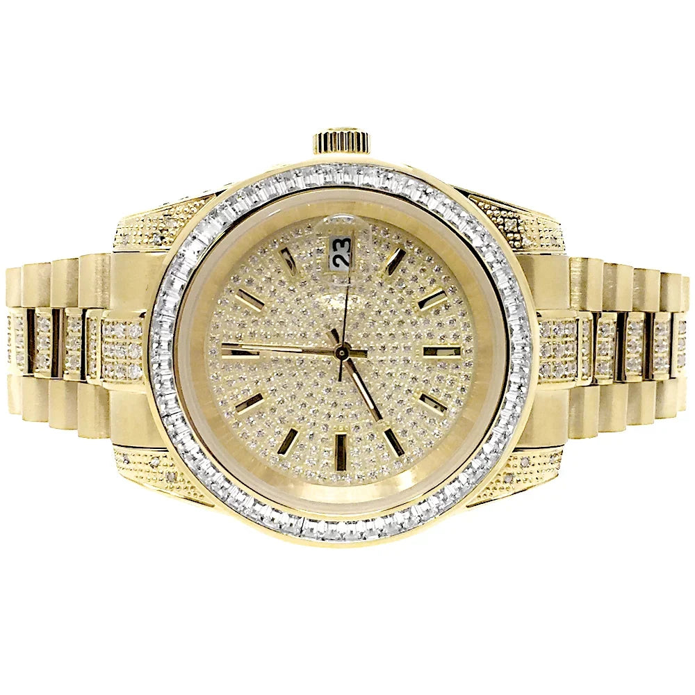 Stainless Presidential Tarnish 41MM Finish Watch Free New Diamond Simulated Yellow Unisex Gold Steel 18k