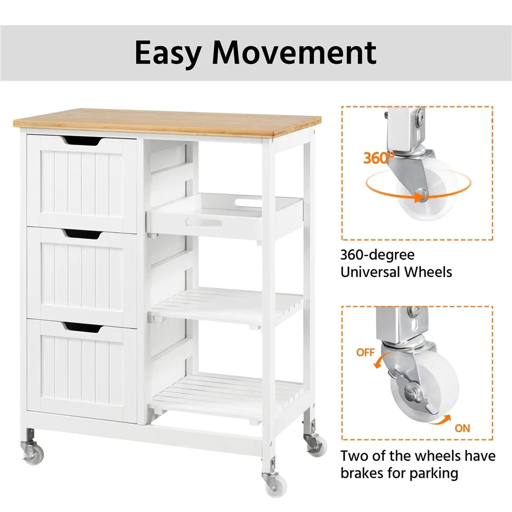 3 H White Bar, Storage for Easyfashion 33" Kitchen with Cart Serving Drawers