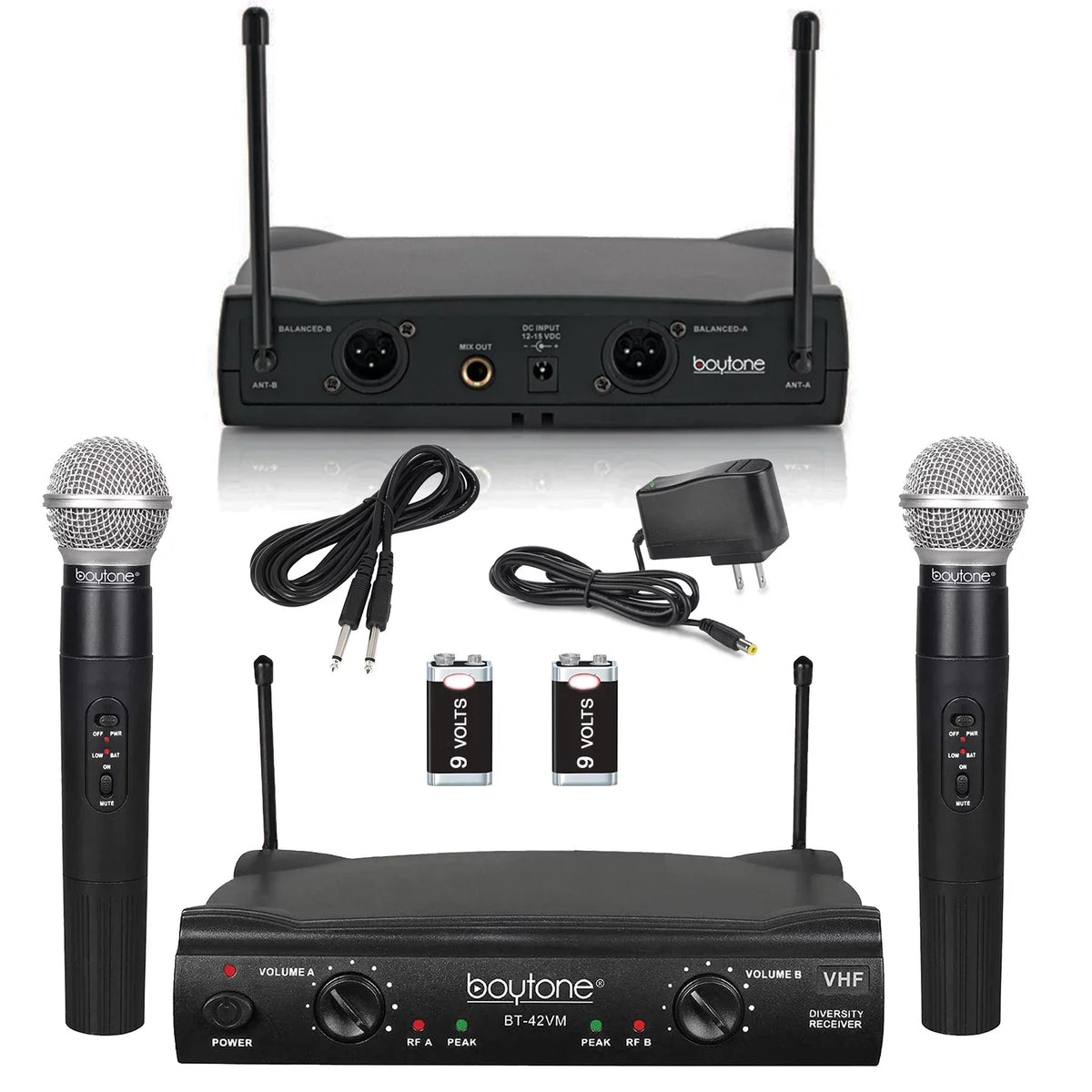 System - Dual Boytone Dynamic Wireless Fixed Church, Mics, Microphone BT-42VM Wireless Receiver, DJ, Conference, VHF Mic Frequency Channel for Transmitter Karaoke, Dual Handheld Cases Carrying 2