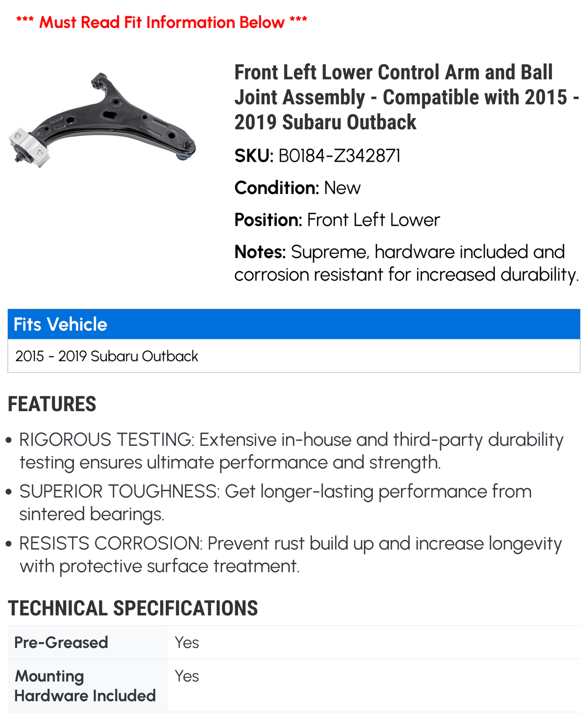 2015 Left 2018 2019 with Outback - and Ball 2016 Joint Lower - Assembly Arm Front Compatible Control 2017 Subaru