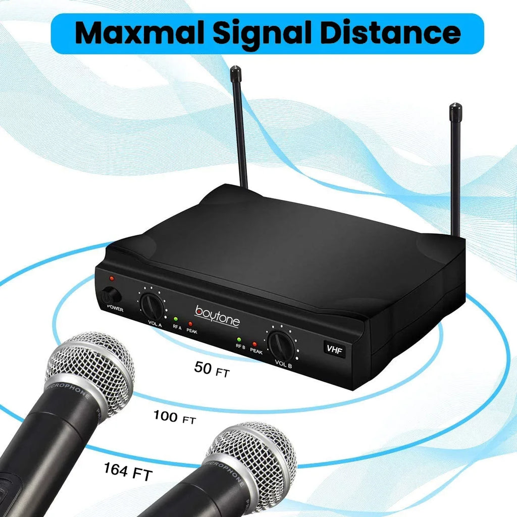 System - Dual Boytone Dynamic Wireless Fixed Church, Mics, Microphone BT-42VM Wireless Receiver, DJ, Conference, VHF Mic Frequency Channel for Transmitter Karaoke, Dual Handheld Cases Carrying 2